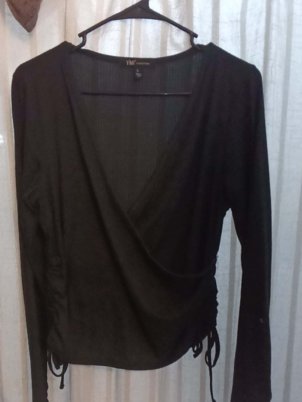YMI Black Long Sleeve Wrap-Front Top with Side Tie